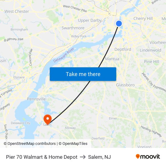 Pier 70 Walmart & Home Depot to Salem, NJ map