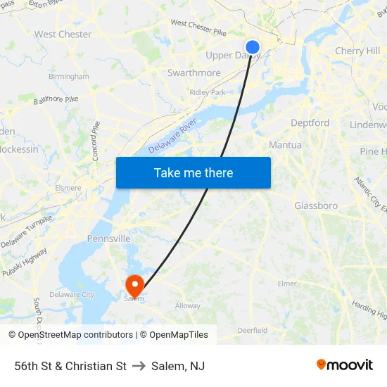 56th St & Christian St to Salem, NJ map