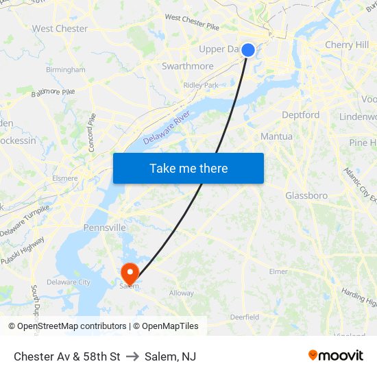 Chester Av & 58th St to Salem, NJ map