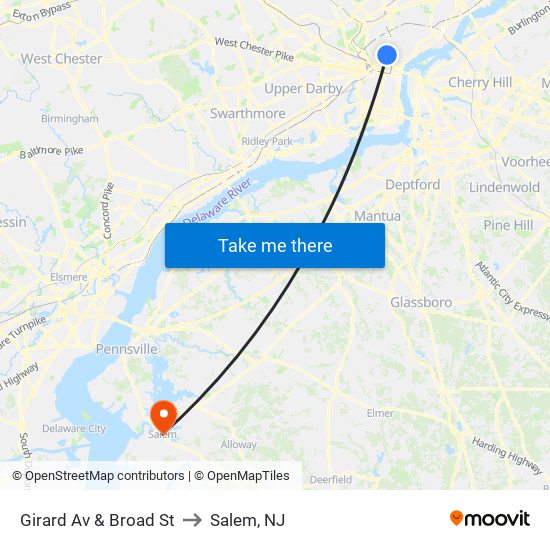 Girard Av & Broad St to Salem, NJ map