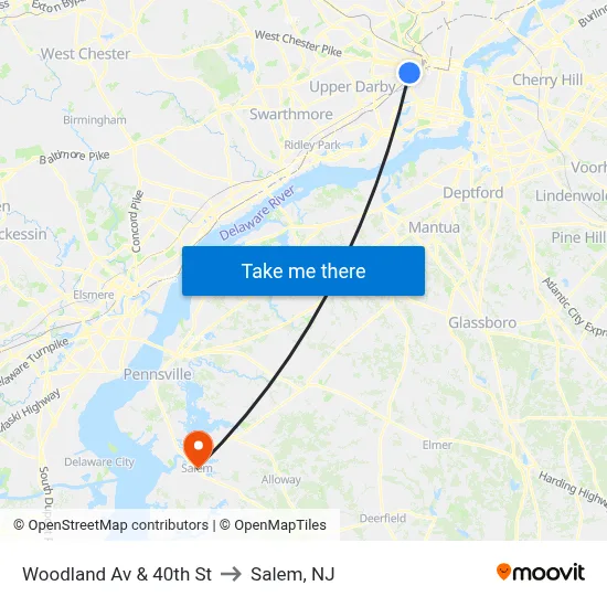 Woodland Av & 40th St to Salem, NJ map