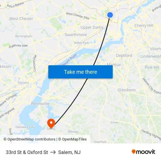 33rd St & Oxford St to Salem, NJ map
