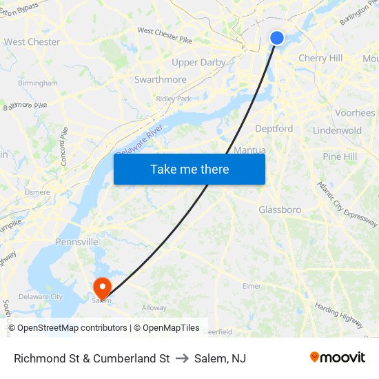 Richmond St & Cumberland St to Salem, NJ map