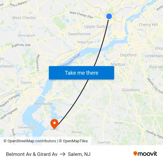 Belmont Av & Girard Av to Salem, NJ map