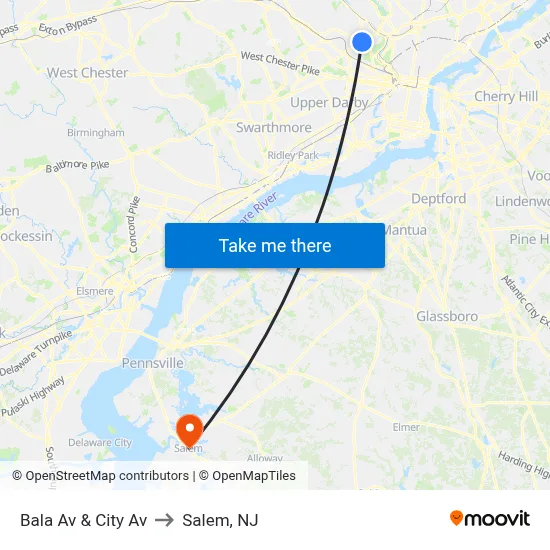 Bala Av & City Av to Salem, NJ map