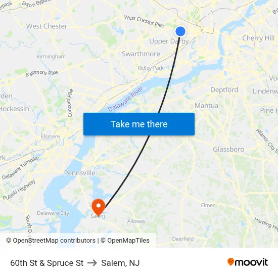 60th St & Spruce St to Salem, NJ map