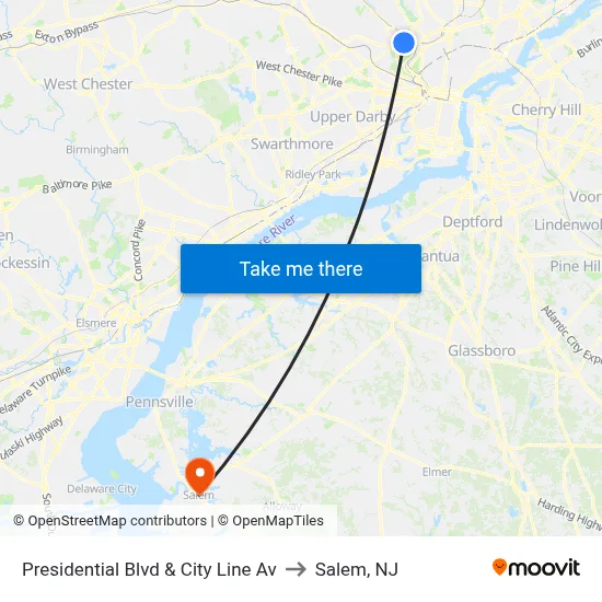 Presidential Blvd & City Line Av to Salem, NJ map