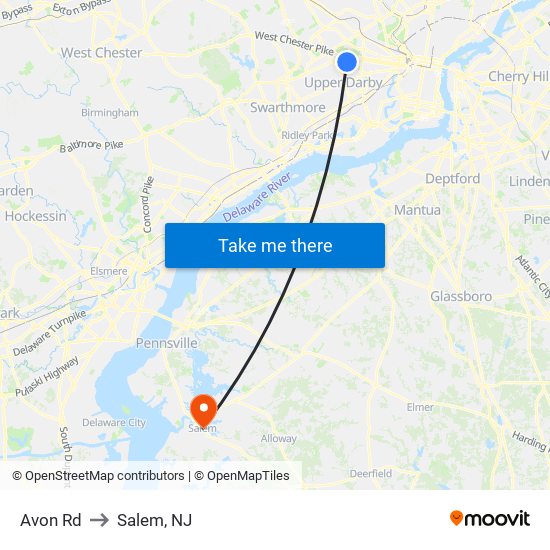 Avon Rd to Salem, NJ map