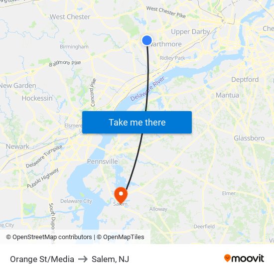 Orange St/Media to Salem, NJ map