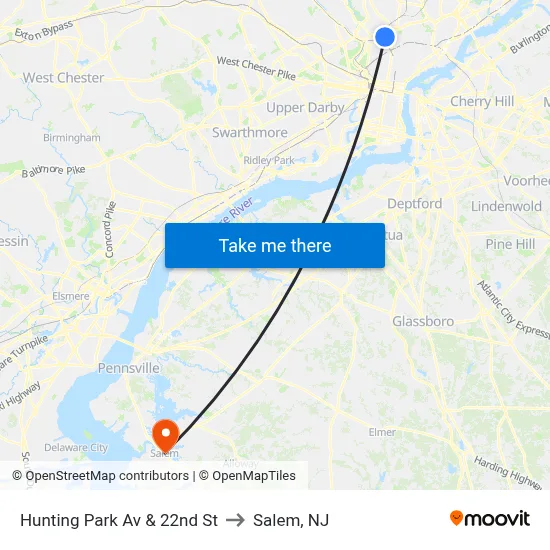 Hunting Park Av & 22nd St to Salem, NJ map