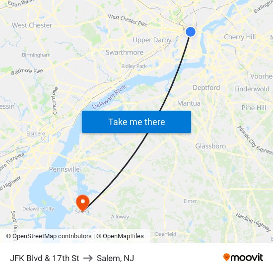 JFK Blvd & 17th St to Salem, NJ map