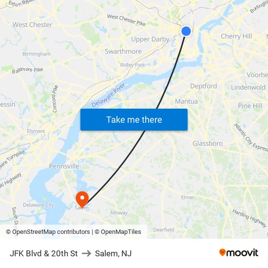 JFK Blvd & 20th St to Salem, NJ map