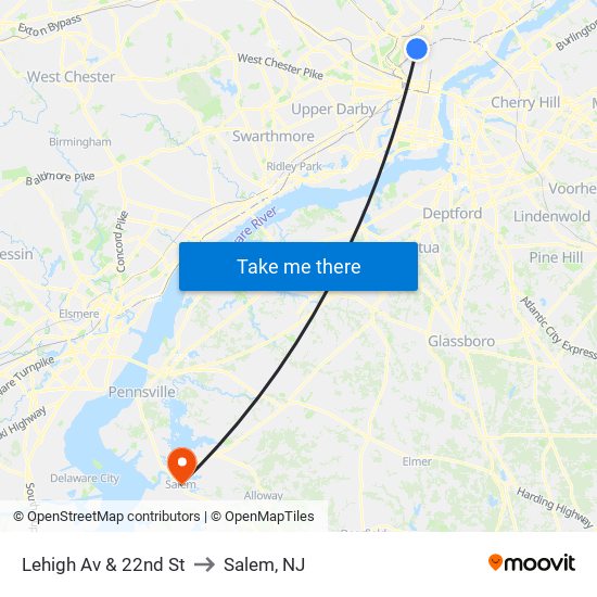 Lehigh Av & 22nd St to Salem, NJ map