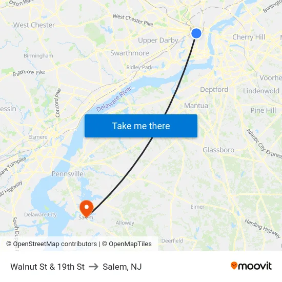 Walnut St & 19th St to Salem, NJ map