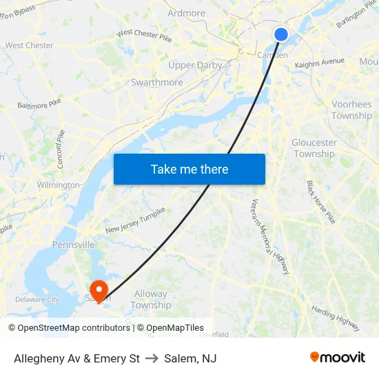 Allegheny Av & Emery St to Salem, NJ map
