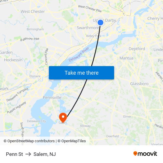 Penn St to Salem, NJ map
