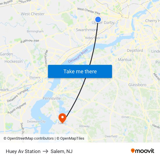 Huey Av Station to Salem, NJ map