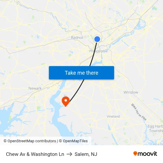 Chew Av & Washington Ln to Salem, NJ map