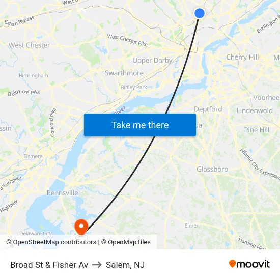 Broad St & Fisher Av to Salem, NJ map