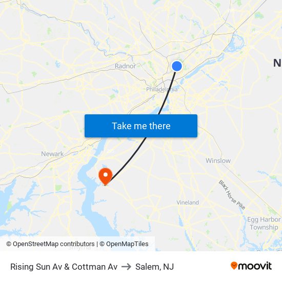 Rising Sun Av & Cottman Av to Salem, NJ map