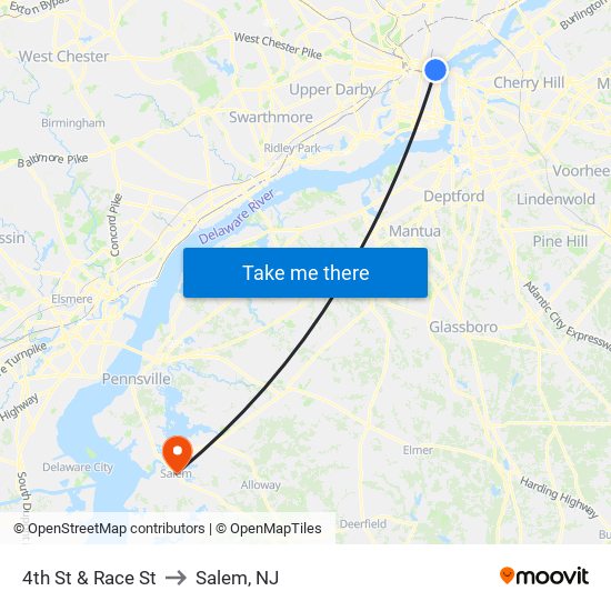 4th St & Race St to Salem, NJ map