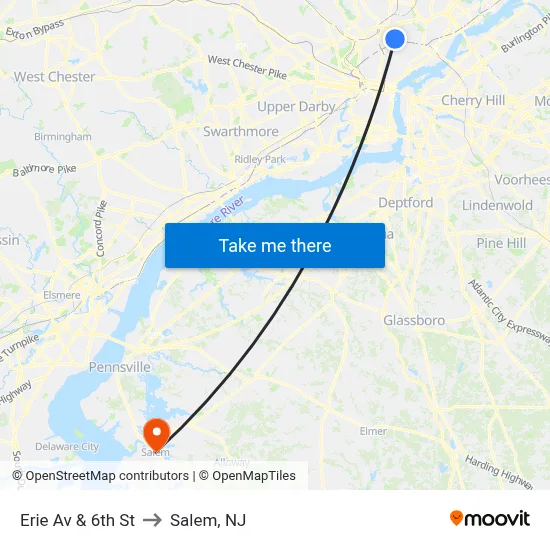 Erie Av & 6th St to Salem, NJ map