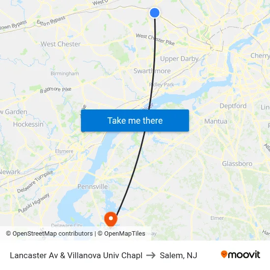 Lancaster Av & Villanova Univ Chapl to Salem, NJ map