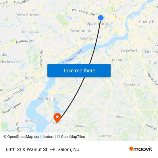 69th St & Walnut St to Salem, NJ map