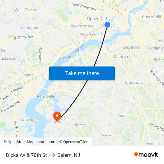 Dicks Av & 70th St to Salem, NJ map