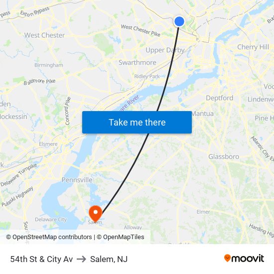 54th St & City Av to Salem, NJ map