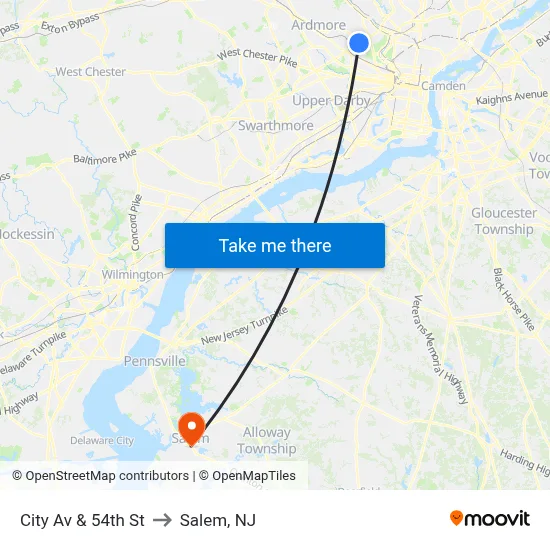 City Av & 54th St to Salem, NJ map