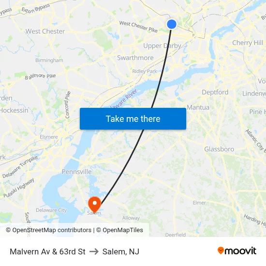Malvern Av & 63rd St to Salem, NJ map