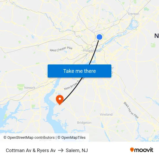 Cottman Av & Ryers Av to Salem, NJ map