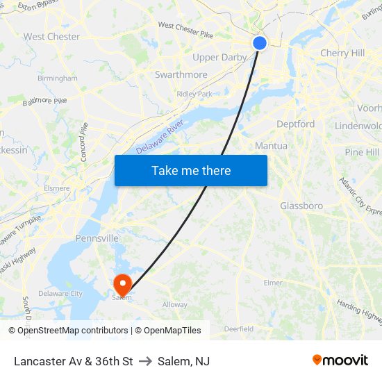 Lancaster Av & 36th St to Salem, NJ map