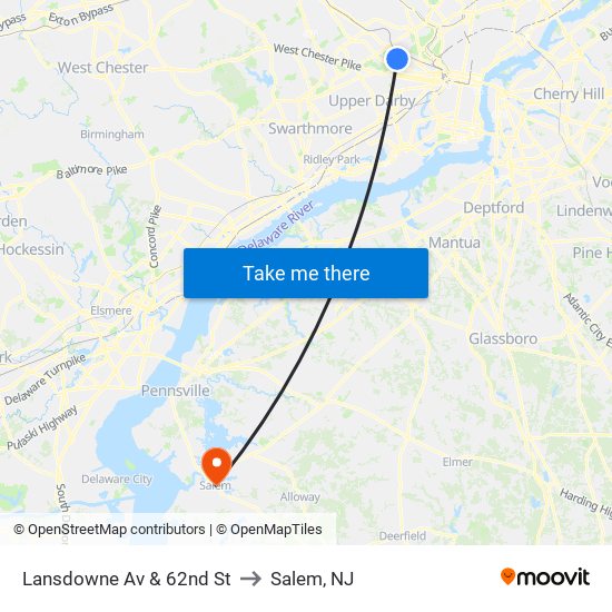 Lansdowne Av & 62nd St to Salem, NJ map