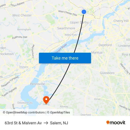 63rd St & Malvern Av to Salem, NJ map