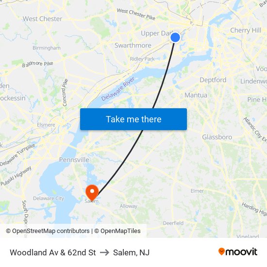 Woodland Av & 62nd St to Salem, NJ map