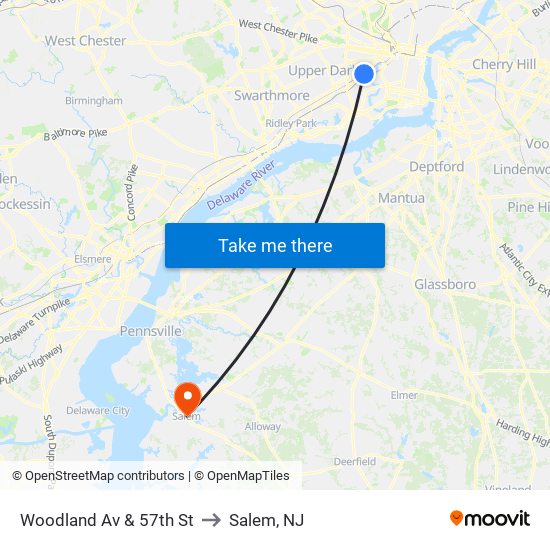 Woodland Av & 57th St to Salem, NJ map