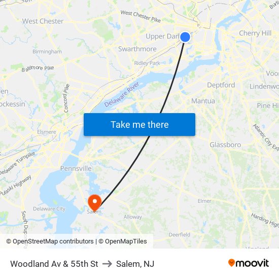 Woodland Av & 55th St to Salem, NJ map
