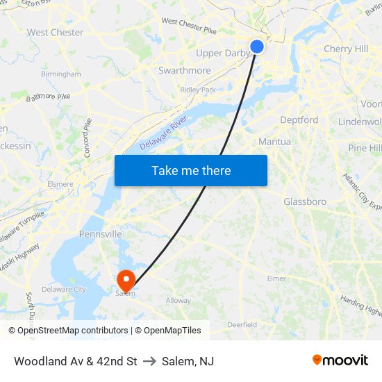 Woodland Av & 42nd St to Salem, NJ map
