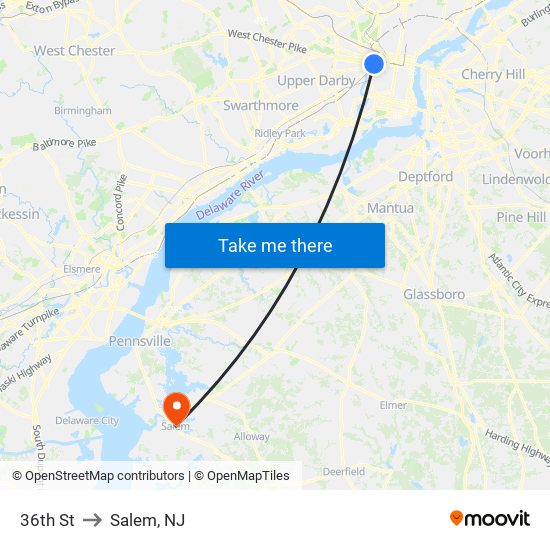 36th St to Salem, NJ map