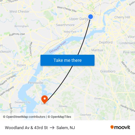 Woodland Av & 43rd St to Salem, NJ map