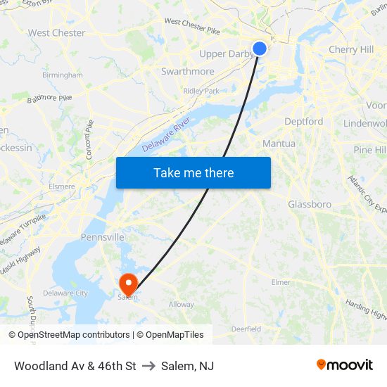 Woodland Av & 46th St to Salem, NJ map