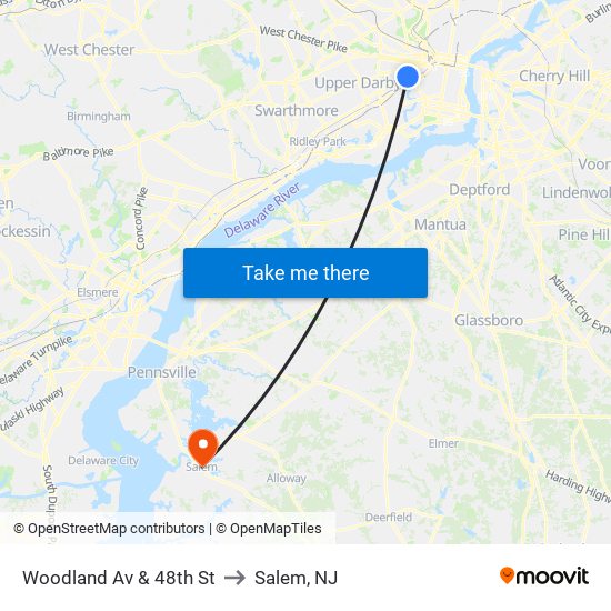 Woodland Av & 48th St to Salem, NJ map