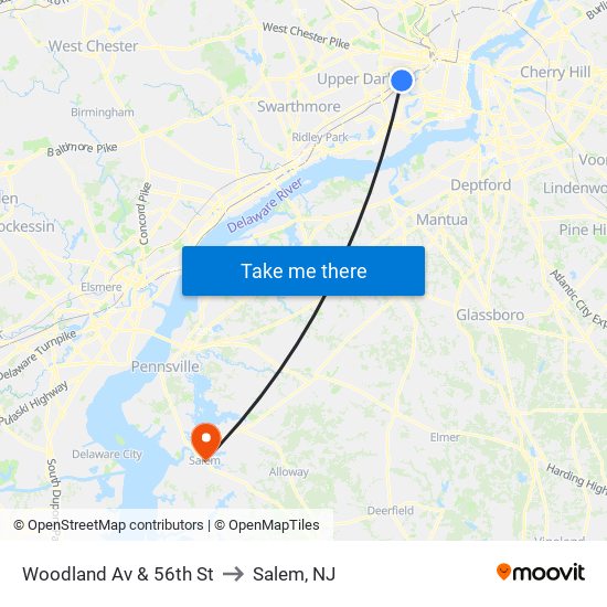 Woodland Av & 56th St to Salem, NJ map