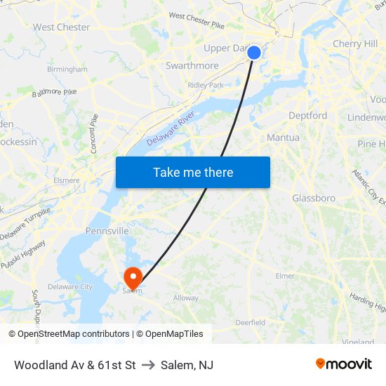 Woodland Av & 61st St to Salem, NJ map