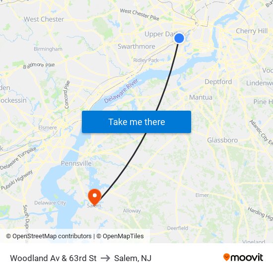 Woodland Av & 63rd St to Salem, NJ map