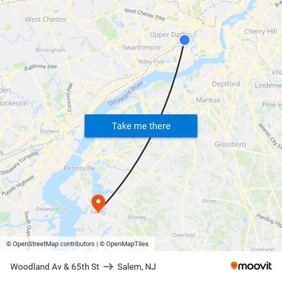 Woodland Av & 65th St to Salem, NJ map