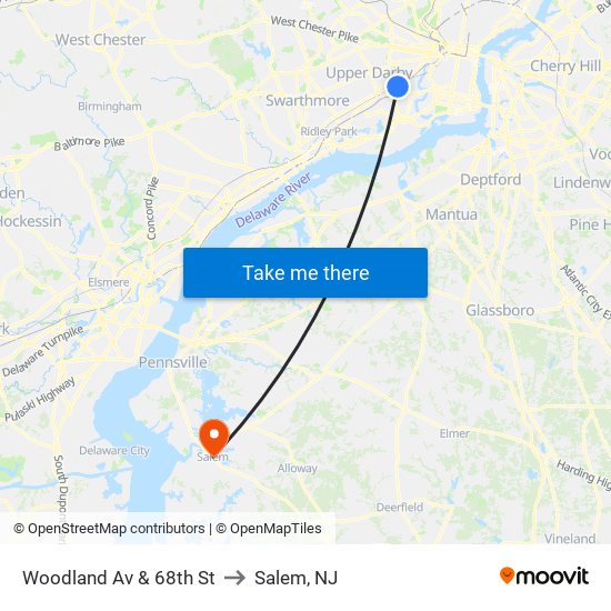 Woodland Av & 68th St to Salem, NJ map