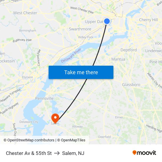Chester Av & 55th St to Salem, NJ map